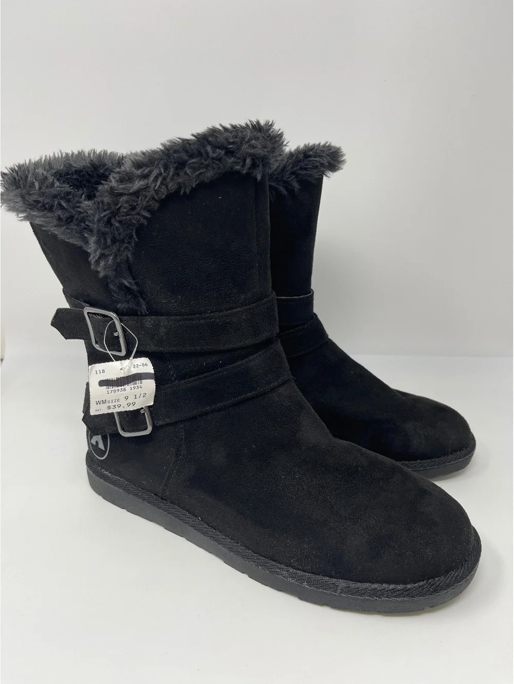 Airwalk Womens Size 9.5 Black Suede Faux Fur Trim Double Buckle Winter Boots